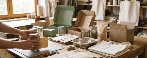 Un assortiment d'emballages écologiques en carton kraft, verre, papier et tissu disposés sur une table en bois, avec des mains préparant un pot en verre.