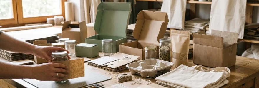 Un assortiment d'emballages écologiques en carton kraft, verre, papier et tissu disposés sur une table en bois, avec des mains préparant un pot en verre.