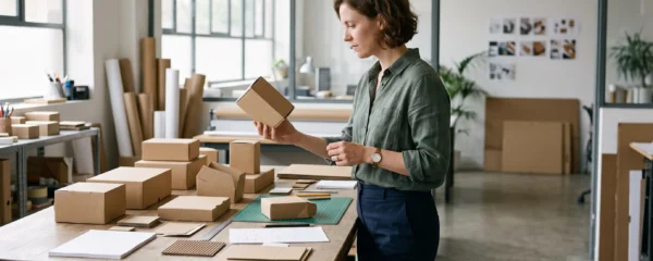 Une conceptrice examine et compare plusieurs prototypes de boîtes en carton kraft de tailles différentes sur une table de travail dans un studio de création.