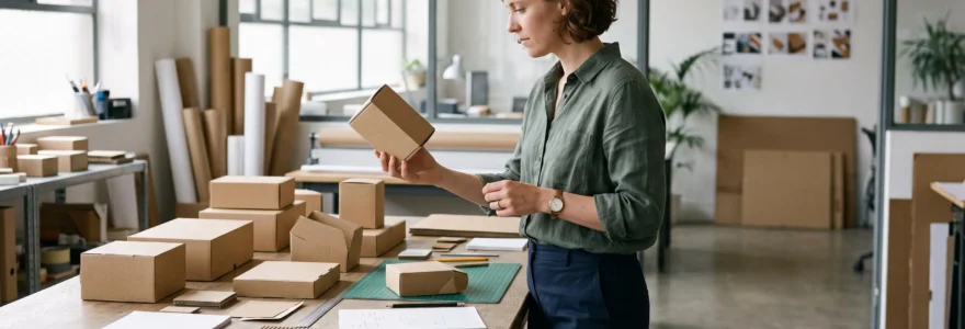 Une conceptrice examine et compare plusieurs prototypes de boîtes en carton kraft de tailles différentes sur une table de travail dans un studio de création.