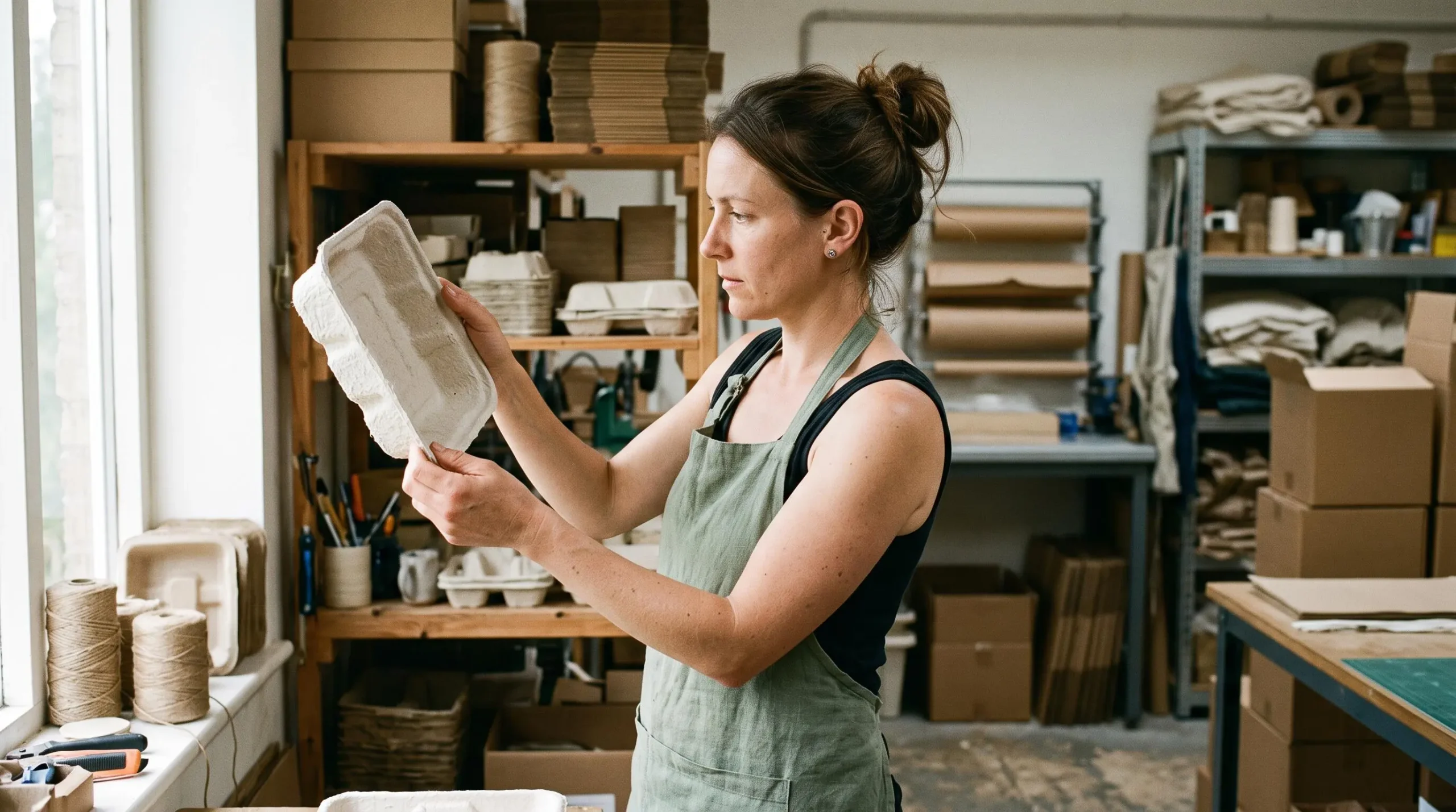 Une femme en tabou examine un plateau alimentaire en fibres moulées dans un atelier d'emballage, près d'étagères de cartons kraft.