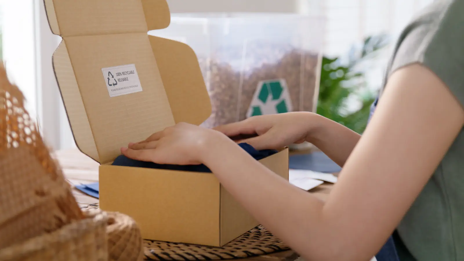 Gros plan sur des mains repliant un carton d'expédition réutilisable et le fermant avec du ruban adhésif en papier kraft.